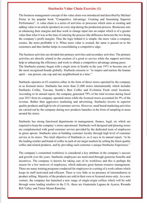 Solved Starbucks Value Chain Exercise (1) The business