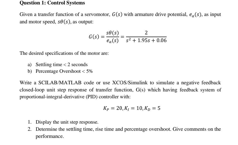 Solved Question 1: Control Systems Given a transfer function | Chegg.com