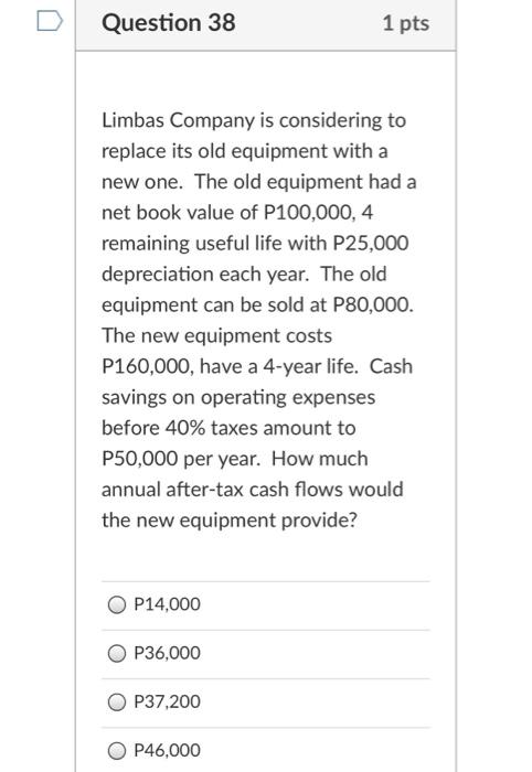 Solved Question 38 1 pts Limbas Company is considering to | Chegg.com