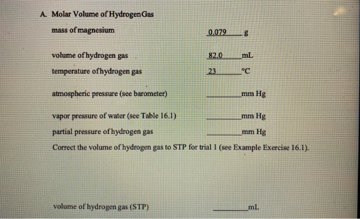 A Molar Volume Of Hydrogen Gas Mass Of Magnesium 4218