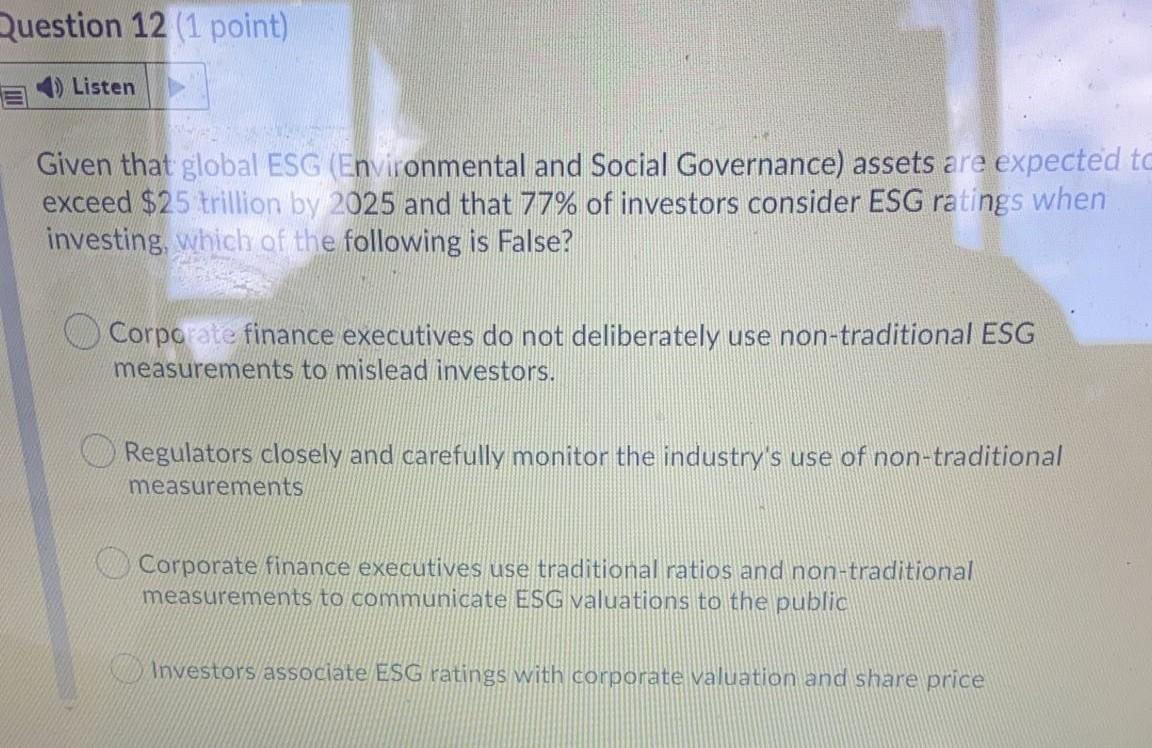 Solved Question 12 (1 point) Listen Given that global ESG | Chegg.com