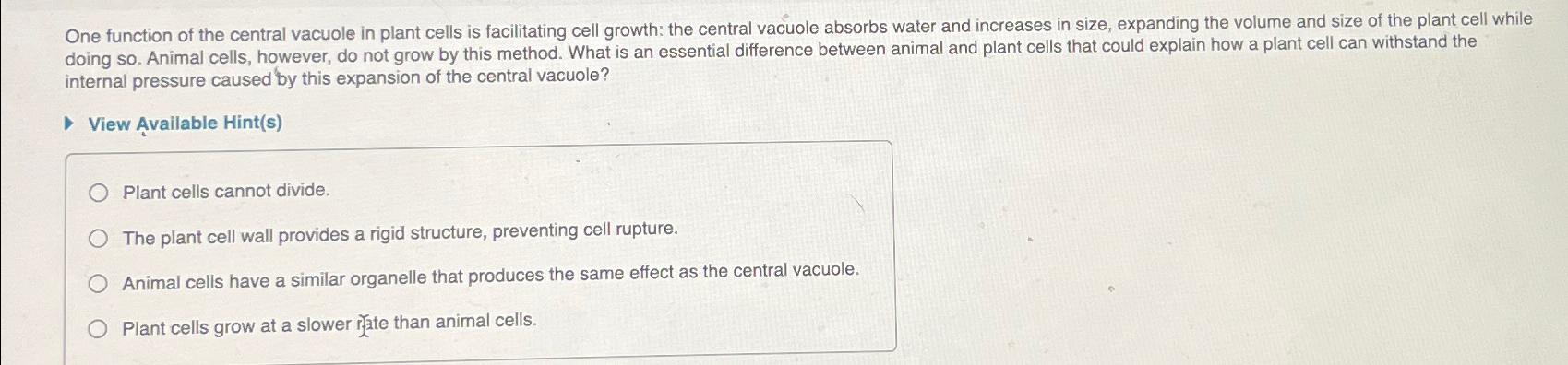 One function of the central vacuole in plant cells is | Chegg.com