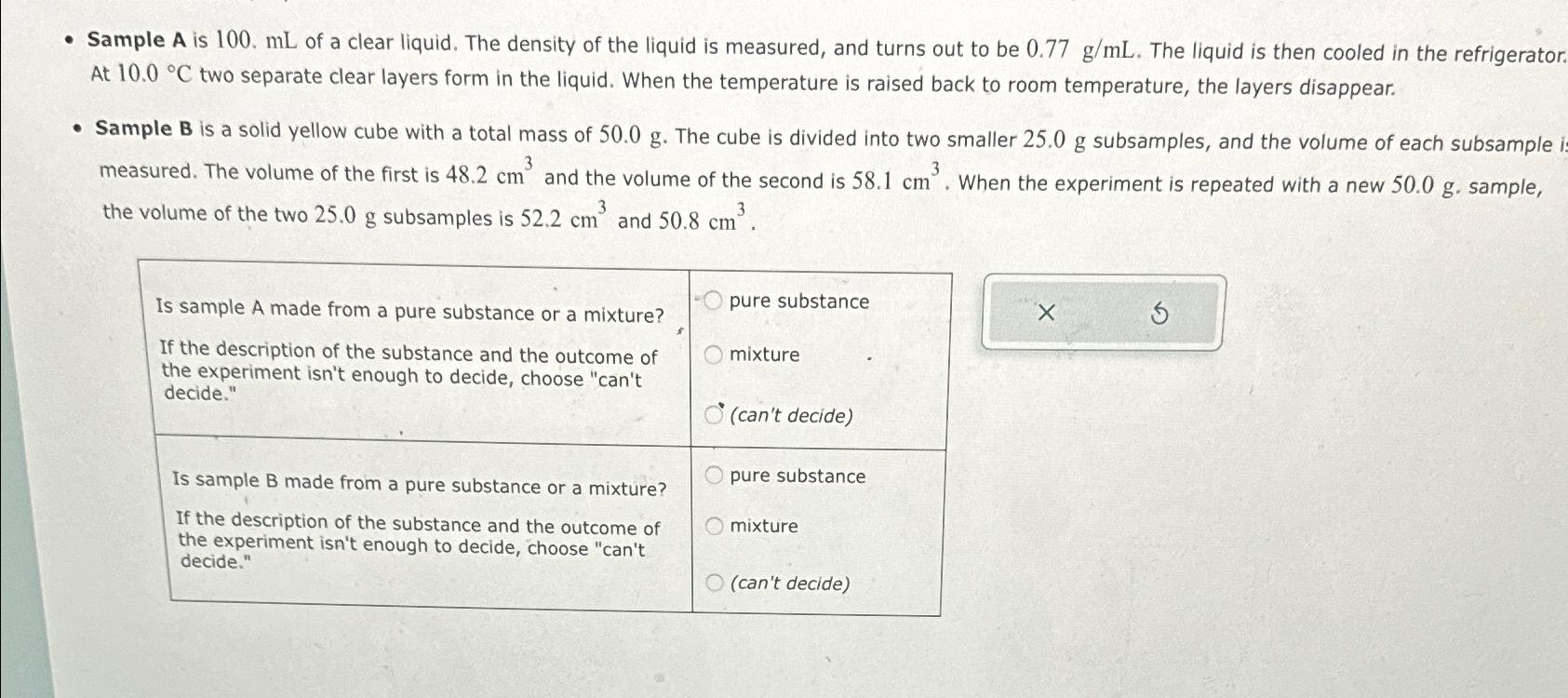 Solved Sample A ﻿is 100.mL ﻿of a clear liquid. The density | Chegg.com