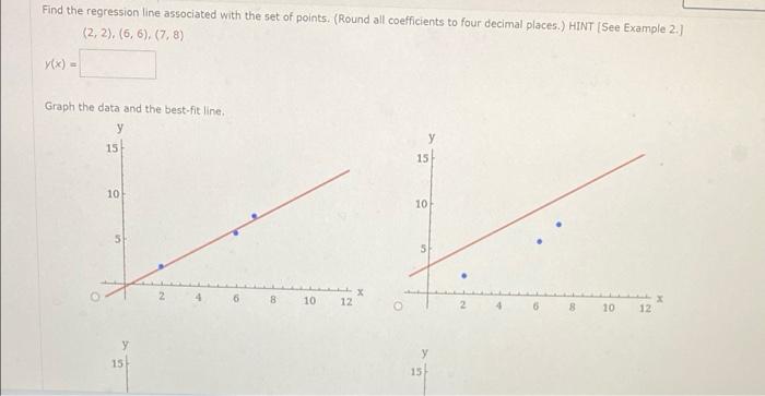 Find the regression line associated with the set of points. (Round all coefficients to four decimal places.) HINT [See Exampl