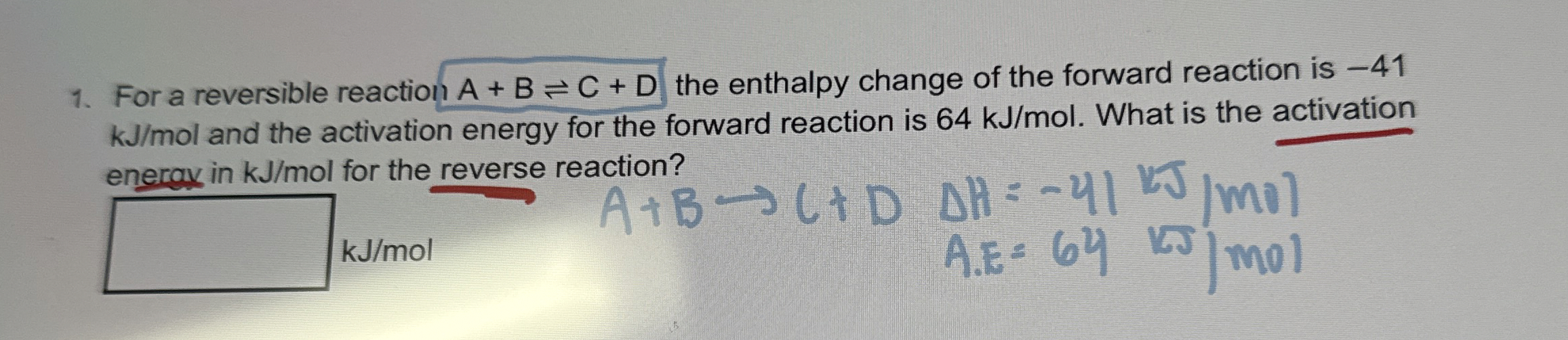 Solved For a reversible reaction A+B⇌C+D ﻿the enthalpy | Chegg.com