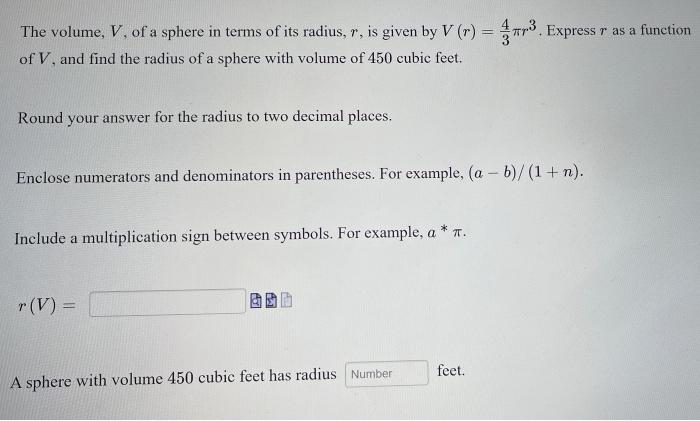Solved The volume, V. of a sphere in terms of its radius, r, | Chegg.com