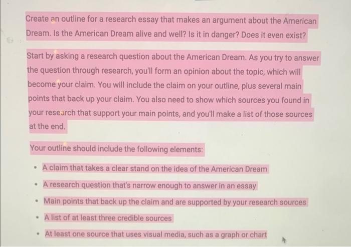 create an outline for a research essay that makes an argument about the american dream