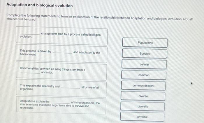 Solved Adaptation and biological evolution Complete the | Chegg.com