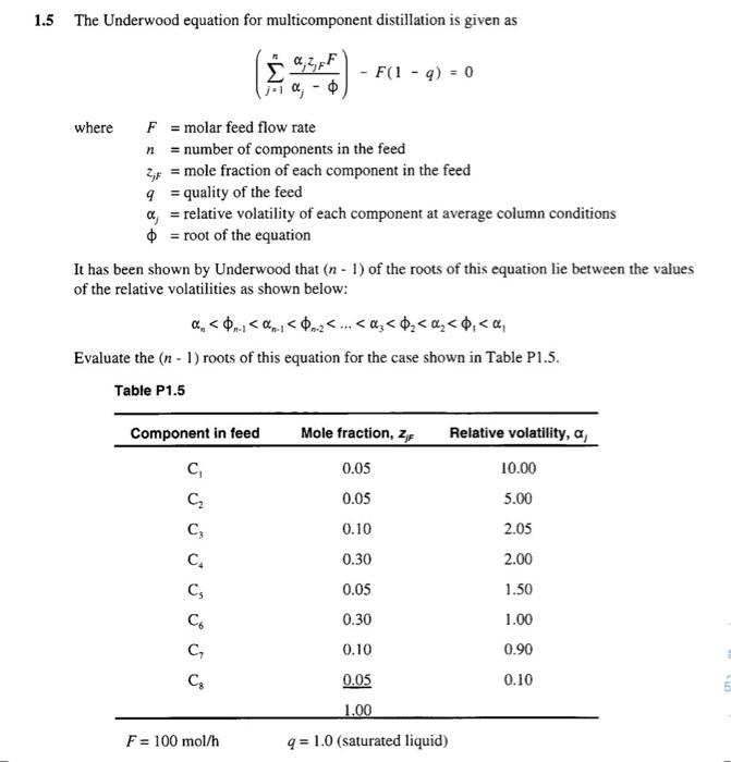 Solved 1.5 The Underwood equation for multicomponent | Chegg.com