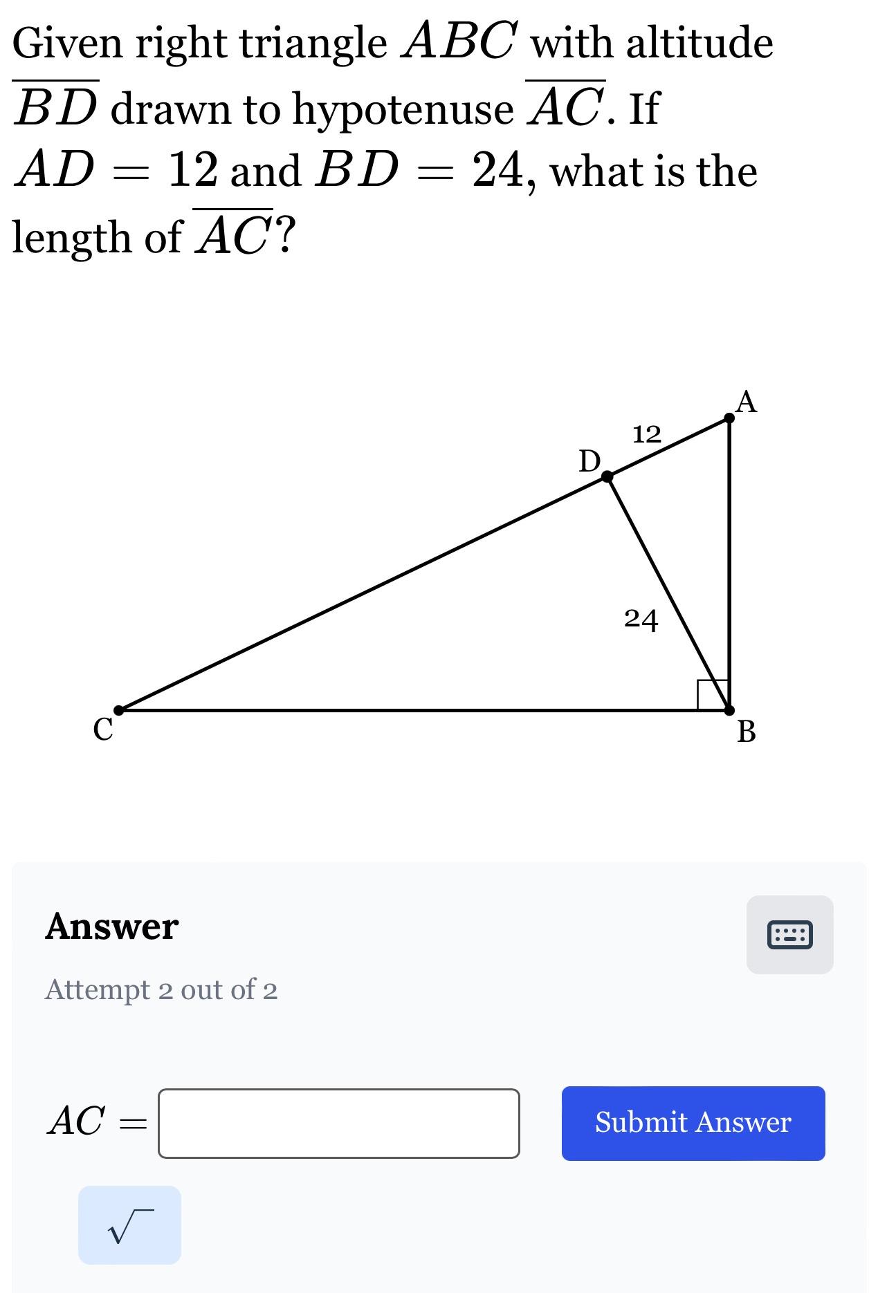 Solved Given right triangle ABC with altitude BD drawn to | Chegg.com