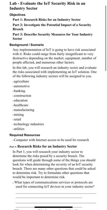 Solved Lab - Evaluate the loT Security Risk in an Industry | Chegg.com