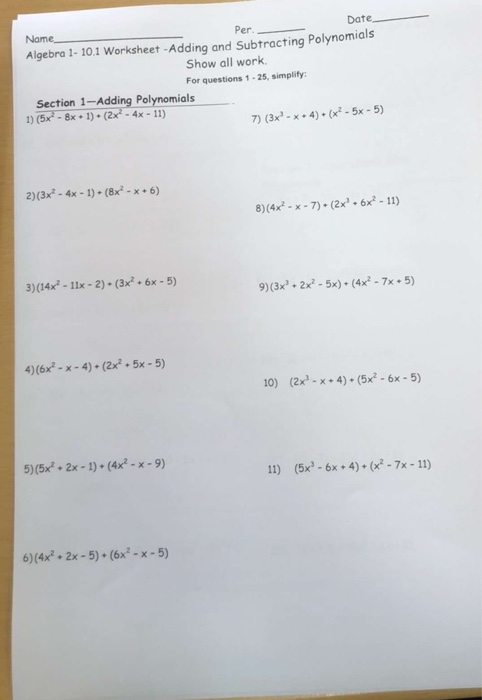 Algebra 1 10 1 Worksheet Adding And Subtracting Polynomials Answers Key Classifying Adding And 