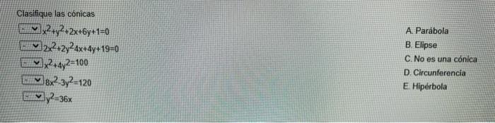 Clasifique las cónicas \[ \begin{array}{l} x^{2}+y^{2}+2 x+6 y+1=0 \\ 2 x^{2}+2 y^{2} 4 x+4 y+19=0 \\ x^{2}+4 y^{2}=100 \\ 8