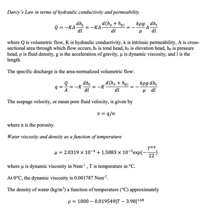 Solved Darcy's Law in terms of hydraulic conductivity and