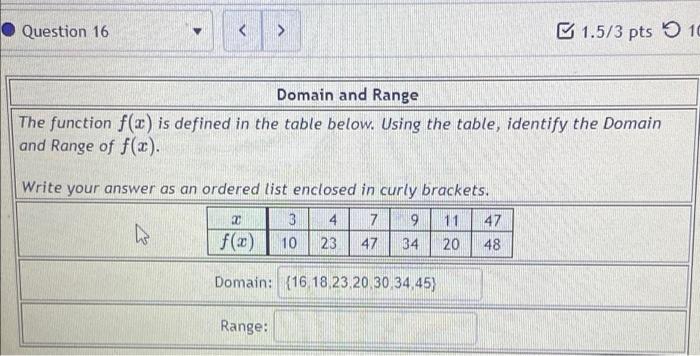 Solved Question 16 1.5/3 pts 10 Domain and Range The | Chegg.com