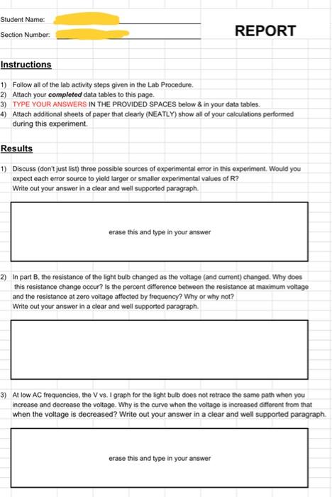 Student Name: Section Number REPORT Instructions 1) | Chegg.com