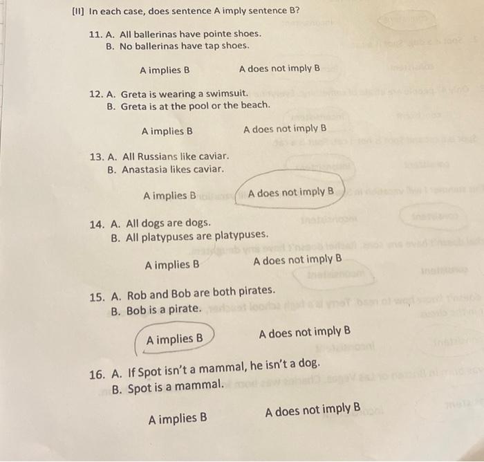 [II] In each case, does sentence A imply sentence B? | Chegg.com