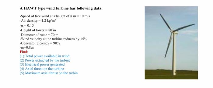 Solved A HAWT type wind turbine has following data: -Speed
