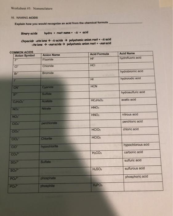 naming acids worksheet key