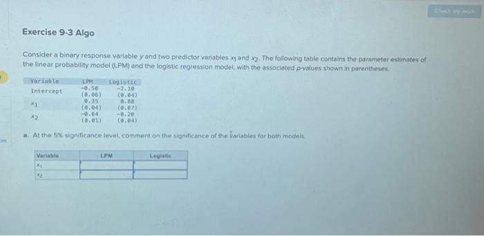 Solved 3 Ces Exercise 9-3 Algo Consider A Binary Response | Chegg.com