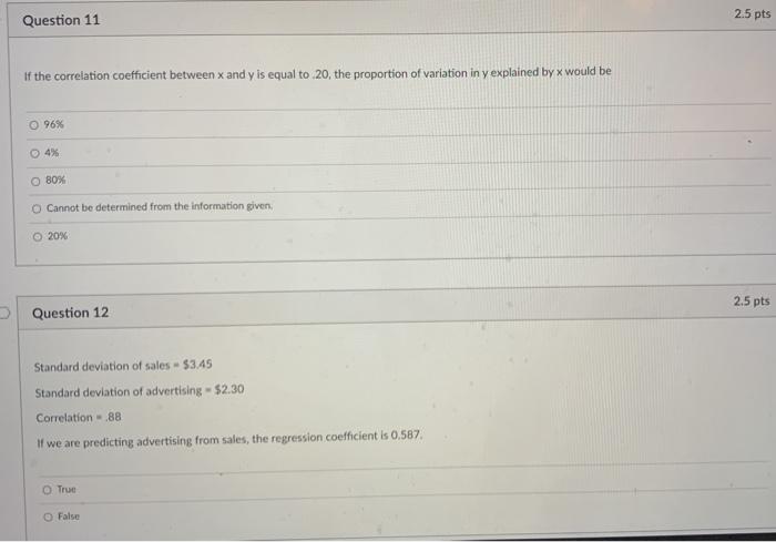 Solved 2.5 pts Question 11 If the correlation coefficient | Chegg.com