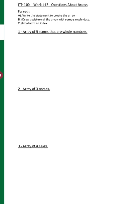 Example Answer Arrat Solved ITP-100-Work #13 - Questions About Arrays For each: | Chegg.com