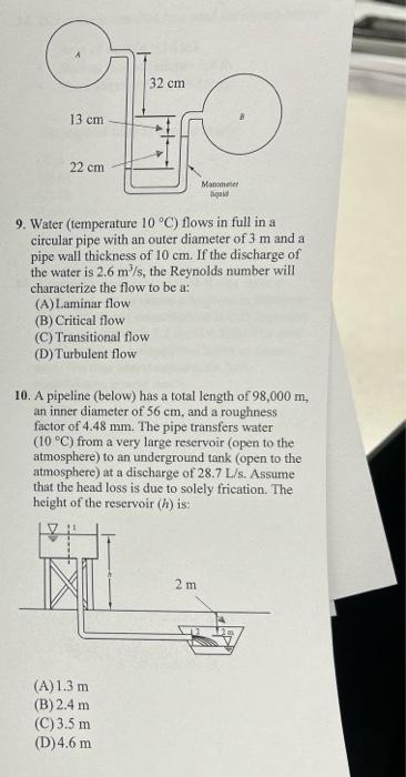Solved 9. Water (temperature 10∘C ) flows in full in a | Chegg.com