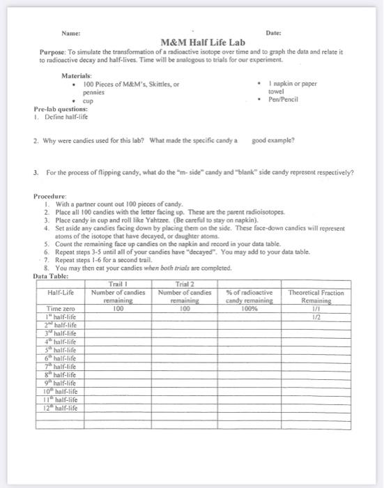 Solved Nane Date MeM Half Life Lab Purpose To simulate