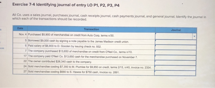 Solved Exercise 7-2 Identifying journal of entry LO P1, P2, | Chegg.com