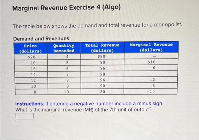 Solved Marginal Revenue Exercise 4 (Algo) The table below | Chegg.com
