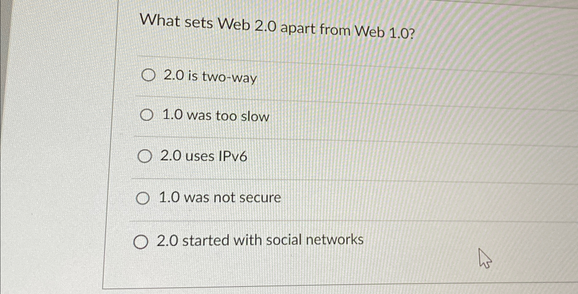 Solved What sets Web 2.0 ﻿apart from Web 1.0?2.0 ﻿is | Chegg.com
