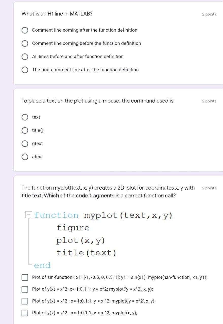 Solved What is an H1 line in MATLAB? 2 points Comment line | Chegg.com