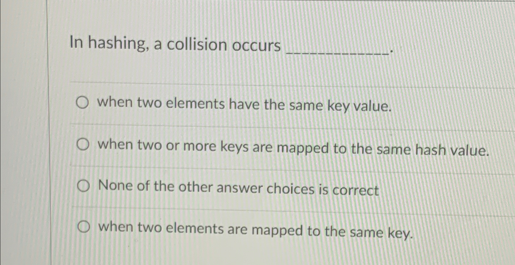 Solved In hashing, a collision occurswhen two elements have | Chegg.com