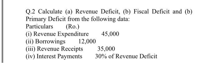 Solved Q.2 Calculate (a) Revenue Deficit, (b) Fiscal Deficit 