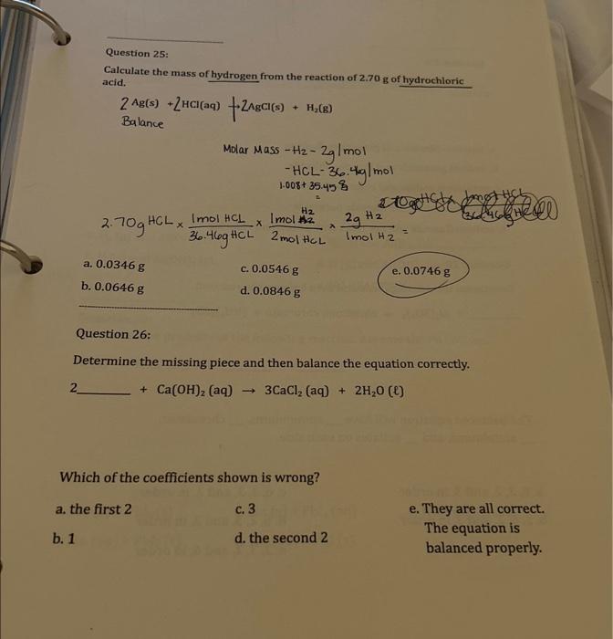 Solved Question 25: Calculate The Mass Of Hydrogen From The | Chegg.com