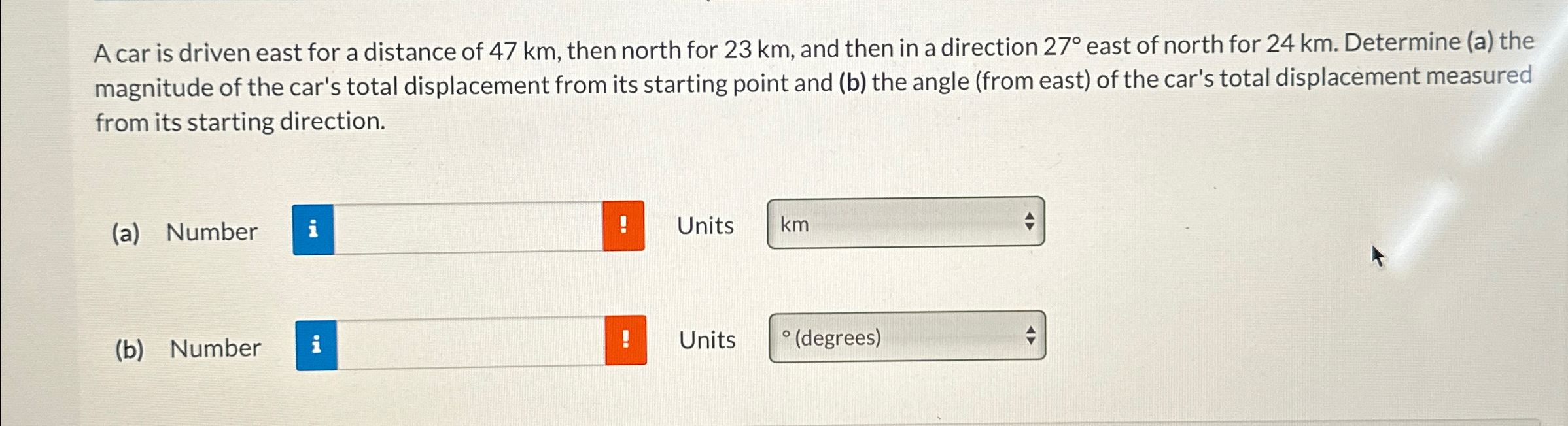 Solved A car is driven east for a distance of 47km, ﻿then | Chegg.com