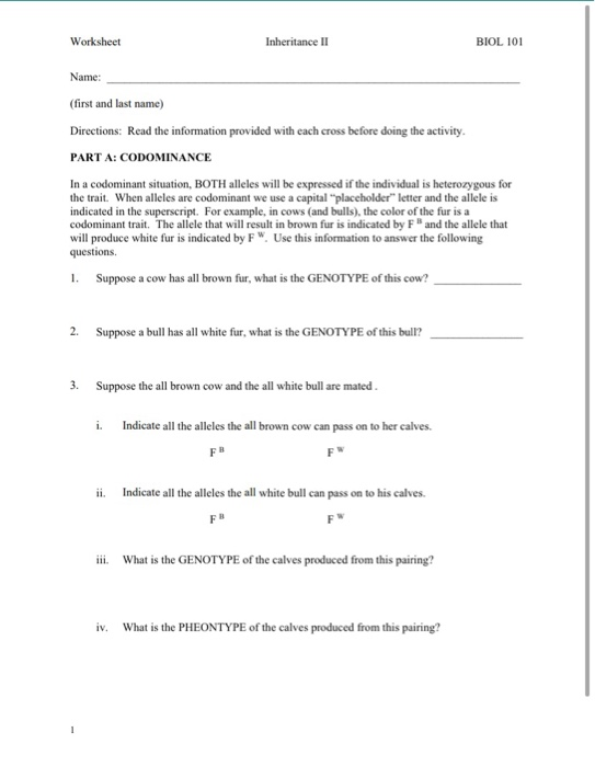 Solved Worksheet Inheritance II BIOL 101 Name: (first and | Chegg.com
