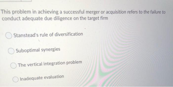 Solved This Problem In Achieving A Successful Merger Or | Chegg.com