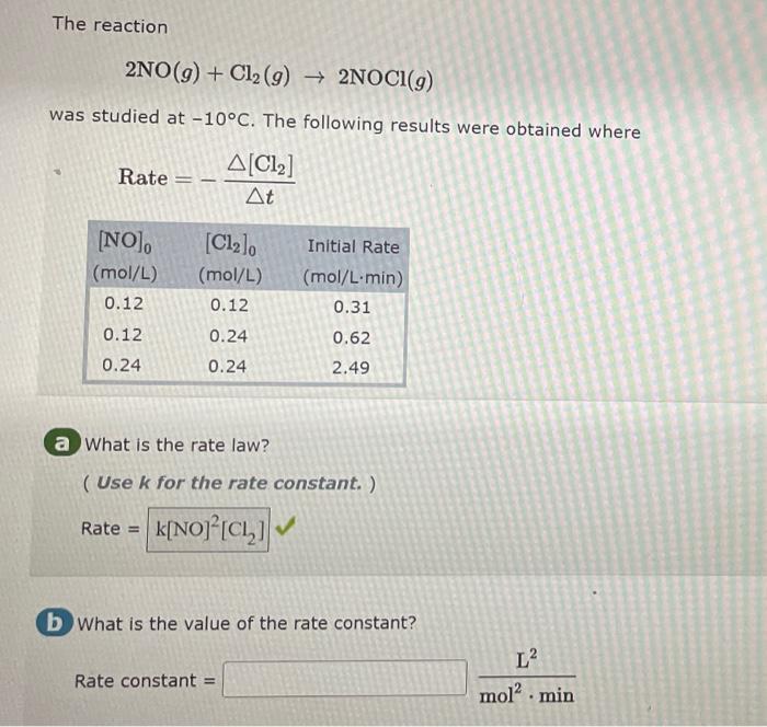 Solved The Reaction 2NO(g)+Cl2(g)→2NOCl(g) Was Studied At | Chegg.com