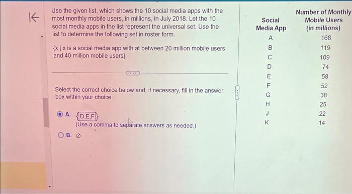 Solved Use the given list, which shows the 10 social media | Chegg.com