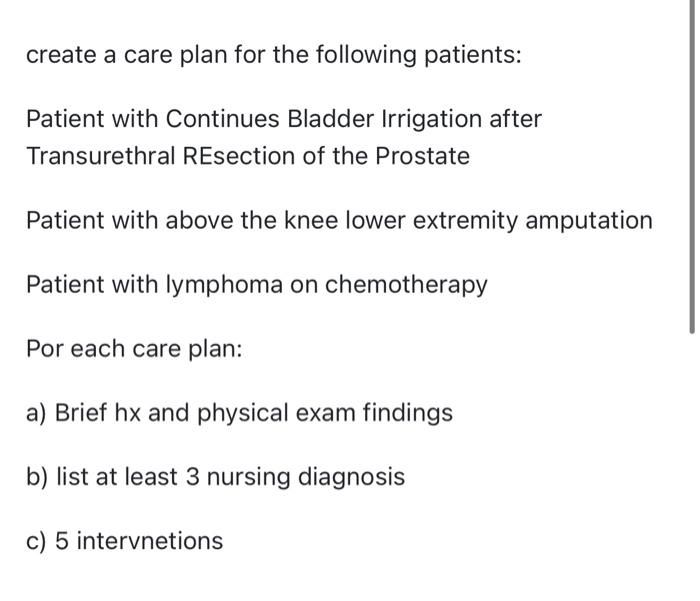 Solved create a care plan for the following patients