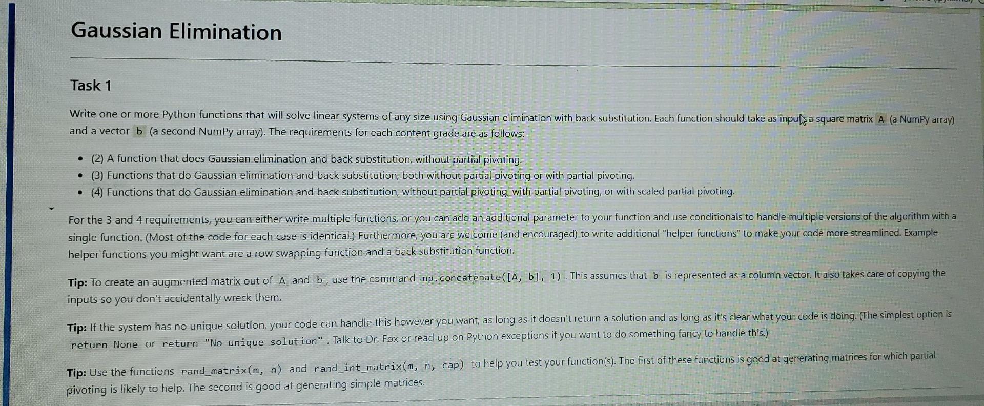 Solved Gaussian Elimination Task 1 Write one or more Python | Chegg.com