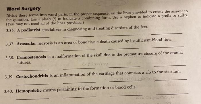 Word Surgery Divide these terms into word parts, in the proper sequence, on the lines provided to create the answer to the qu