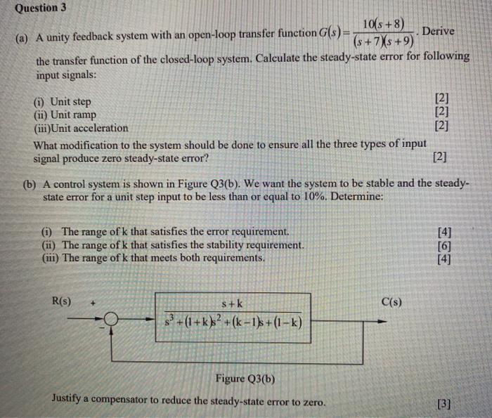 Solved Question 3 10(s+8) (a) A unity feedback system with | Chegg.com