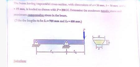 The beam having trapezoidal cross-section, with dimensions of a 30 mm, 10 mm
-15 mm, is loaded as shown with P-200 N. Determi