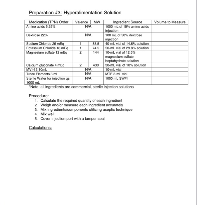 Preparation #3: Hyperalimentation Solution Volume to | Chegg.com