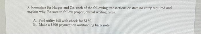 Solved 3. Journalize for Harper and Co. each of the | Chegg.com