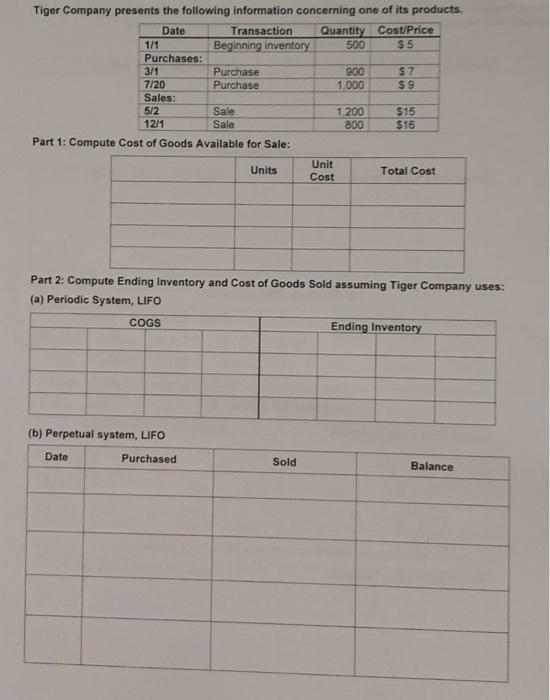 Solved Part 1 Compute Cost Of Goods Available For Sale 7293