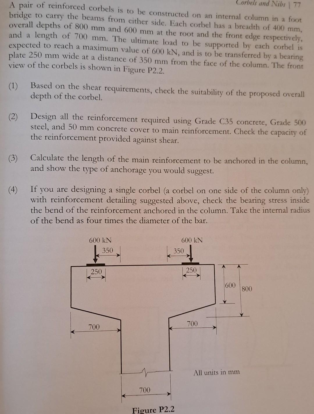 A pair of reinforced corbels is to be constructed on