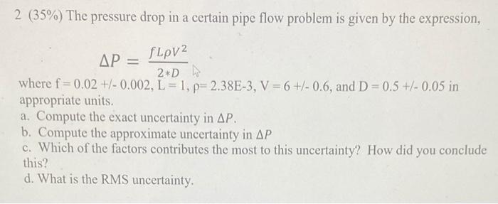 Solved 2 (35%) The pressure drop in a certain pipe flow | Chegg.com